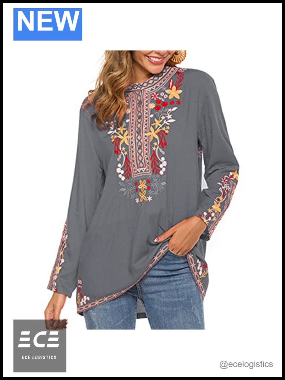Women's Boho Embroidered Long Sleeve Peasant Tunic Blouse